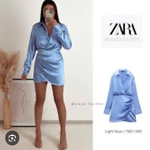 Zara Women's Light Blue Satin Wrap Dress - Picture 3 of 5